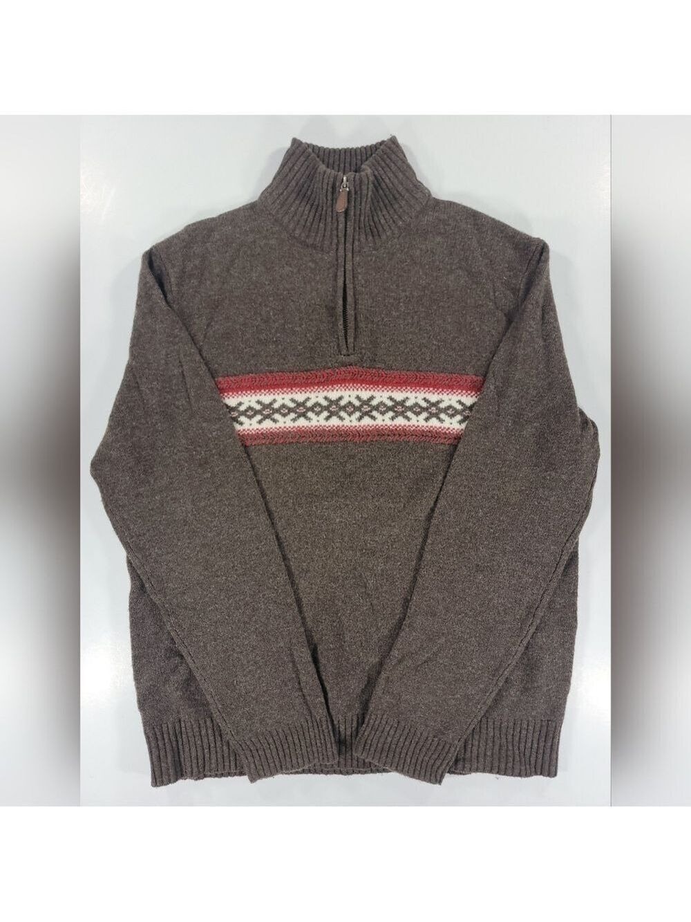 VTG J Crew Sweater Mens Medium Brown Fair Isle 100% Lambs Wool 1/4 Zip Pullover